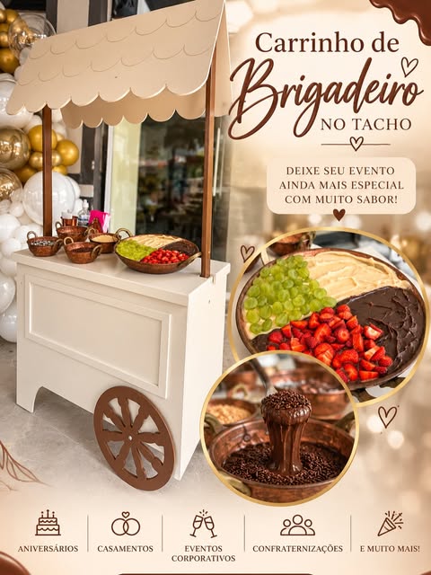 Carrinho branco de brigadeiro com toldo, tachos de cobre, morangos e uvas