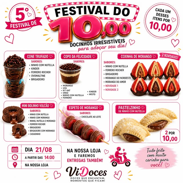 Cartaz do 5º Festival do 10,00 da Vi Doces com cone trufado, copo da felicidade e coxinha de morango